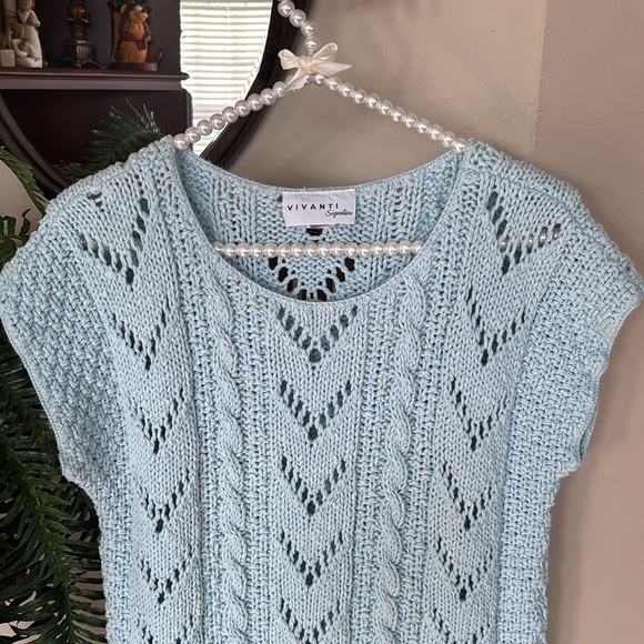 Vintage Vivanti Signature Light Blue Knit Sweater Top 100% Cotton 80s Scoop Neck - Picture 3 of 15